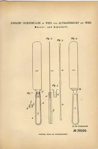 Original Patentschrift - L. Ockermüller in Altmannsdorf b. Wien , 1886 , Messer , Gabel , Besteck !!!