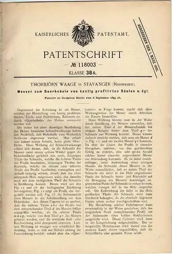 Original Patentschrift - T. Waage in Stavanger , 1899 , Messer zum Hobeln , Hobel , Norwegen !!!