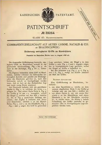 Original Patentschrift - Natalis & Co in Braunschweig , 1886 , Sicherung für Handräder !!!