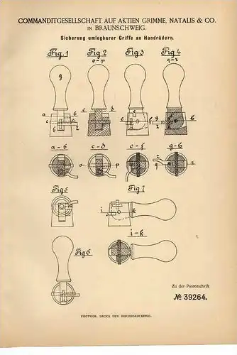 Original Patentschrift - Natalis & Co in Braunschweig , 1886 , Sicherung für Handräder !!!