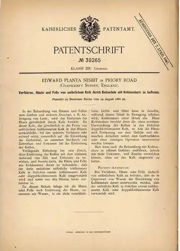 Original Patentschrift - E. Nesbit in Priory Road in Surrey , 1886 , Reinigen von Haut und Fell !!!