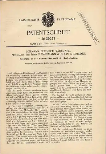 Original Patentschrift -  H. Kaufmann in Dresden , Mechanik für Klavier , 1886 !!!