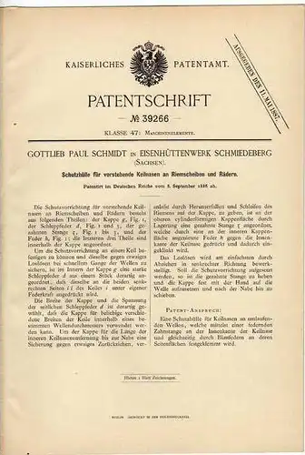 Original Patentschrift - Eisenwerk in Schmiedeberg , Sachsen , 1886 , Riemenscheibenschutz  !!!