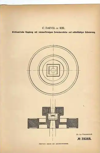 Original Patentschrift -  Oldham`sche Kupplung , 1886 , C. Daevel in Kiel , Dampfmaschine !!!