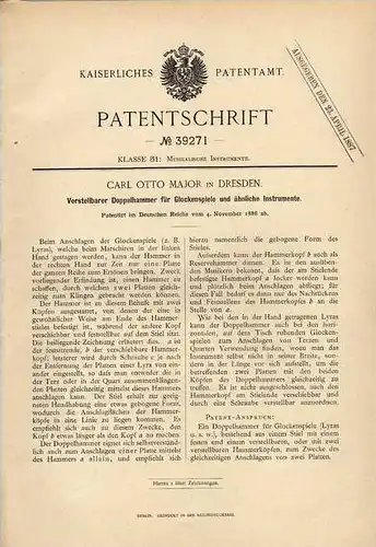 Original Patentschrift - C. Major in Dresden , 1886 , Hammer für Glockenspiel , Instrument , Musik , Kirche !!!