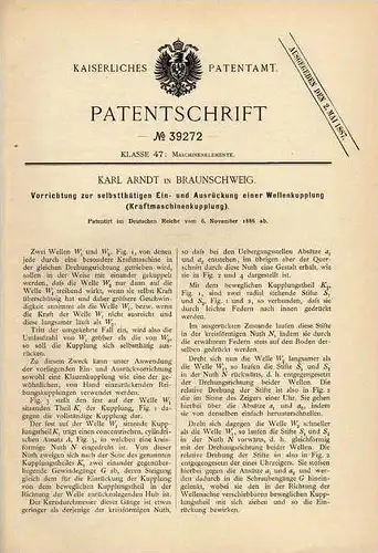 Original Patentschrift - K. Arndt in Braunschweig , 1886 , Kupplung für Kraftmaschinen !!!