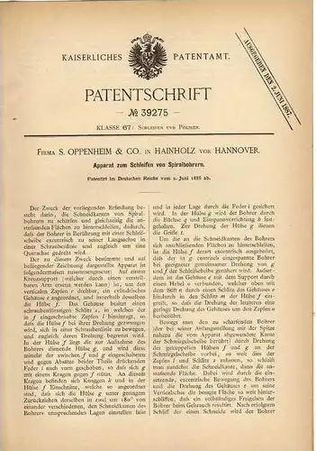 Original Patentschrift -  S. Oppenheim in Hainholz vor Hannover , 1886 , Apparat zum Bohrer schleifen !!!