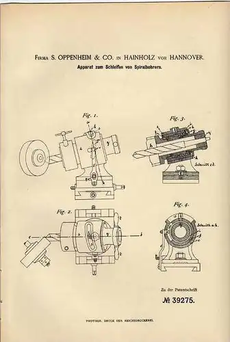 Original Patentschrift -  S. Oppenheim in Hainholz vor Hannover , 1886 , Apparat zum Bohrer schleifen !!!