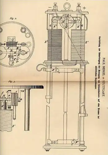 Original Patentschrift - P. Merkel in Stuttgart , 1886 , elektr. Bogenlampen , Apparat !!!