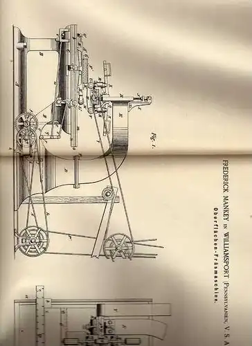 Original Patentschrift - Fräsmaschine , Tischlerei , 1886 , F. Mankey in Williamsport , USA !!!