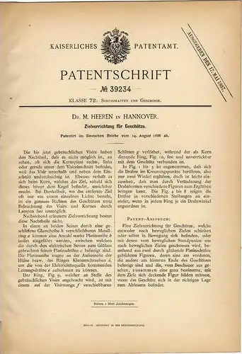 Original Patentschrift - Dr. Heeren in Hannover , 1886 , Zielvorrichtung für Geschütze !!!