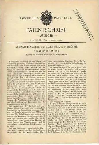 Original Patentschrift - E. Picard in Brüssel , 1886 , Trockenvorrichtung !!!