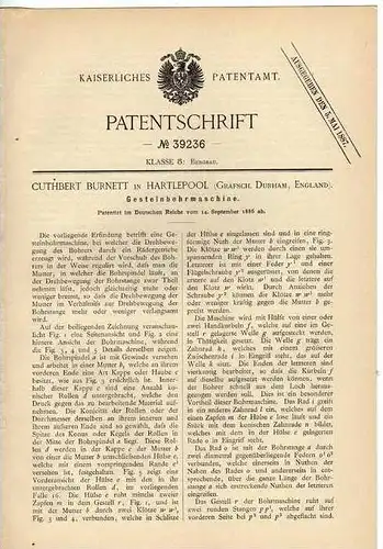 Original Patentschrift - Gesteinbohrmaschine , Bergbau , 1886 , C. Burnett in Hartlepool  !!!