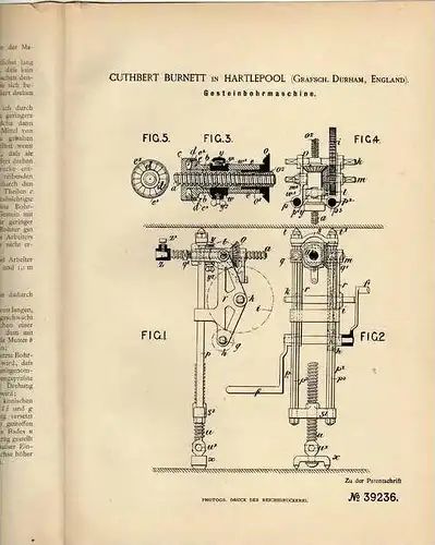 Original Patentschrift - Gesteinbohrmaschine , Bergbau , 1886 , C. Burnett in Hartlepool  !!!