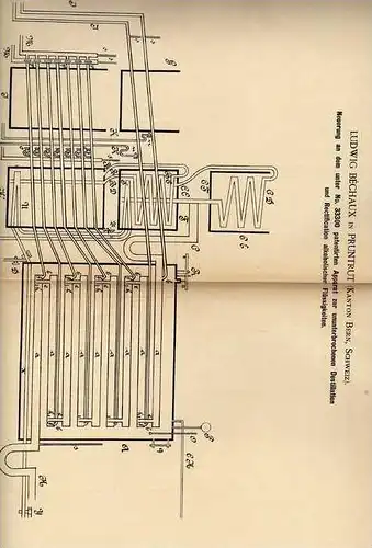 Original Patentschrift - L. Béchaux in Pruntrut , Kanton Bern , 1885 , Destillation von Alkohol !!!