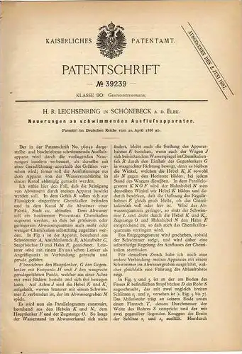 Original Patentschrift - H. Leichsenring in Schönebeck / Elbe , 1886 , schwimmender Ausflußapparat !!!