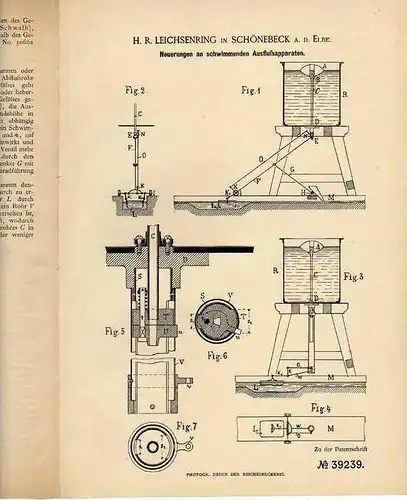 Original Patentschrift - H. Leichsenring in Schönebeck / Elbe , 1886 , schwimmender Ausflußapparat !!!