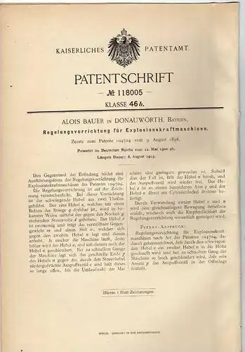 Original Patentschrift - A. Bauer in Donauwörth , Bayern , 1900, Regler für Explosionskraftmaschinen !!!