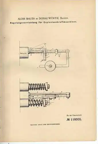 Original Patentschrift - A. Bauer in Donauwörth , Bayern , 1900, Regler für Explosionskraftmaschinen !!!