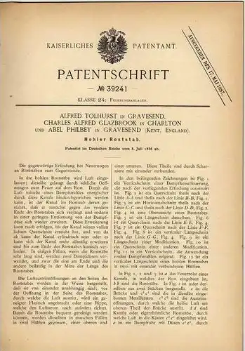 Original Patentschrift -  A. Philbey in Gravesend und Charlton , 1886 , Roststab für Feuerung , Heizung !!!
