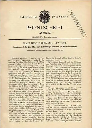 Original Patentschrift - E. Kinsmann in New York , 1886 , Eisenbahn Bremsen !!!