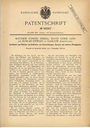 Original Patentschrift - M. Forster in Glasgow , Schottland , 1886 , Filtern von Zucker  !!!