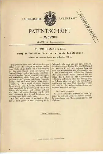 Original Patentschrift - Th. Heesch in Kiel , 1886 , Kolben für Dampfpumpe !!!