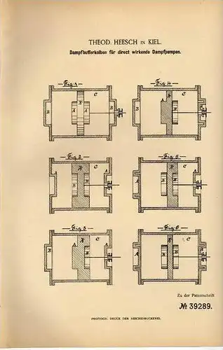 Original Patentschrift - Th. Heesch in Kiel , 1886 , Kolben für Dampfpumpe !!!