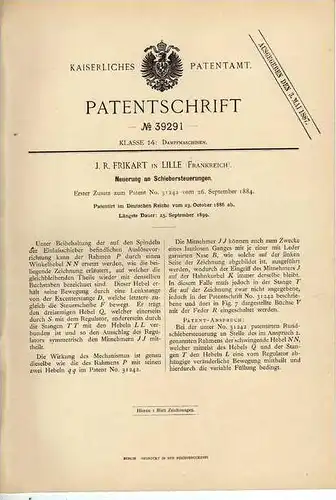Original Patentschrift - F. Frikart in Lille , Frankreich , 1886 , Dampfmaschine Steuerung  !!!