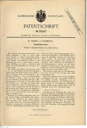 Original Patentschrift - Stampfmaschine , Eisenbahn , Bückenbau ,1886 , H. Vering in Hamburg  !!!