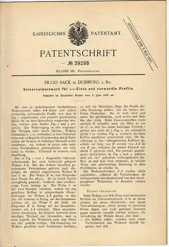 Original Patentschrift - H. Sack in Duisburg , Walzwerk , Walze , 1886 !!!