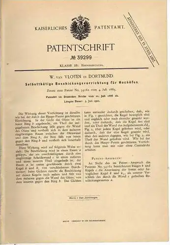 Original Patentschrift - W. van Vlothen in Dortmund , 1886 , Hochofen , Eisenherstellung !!!