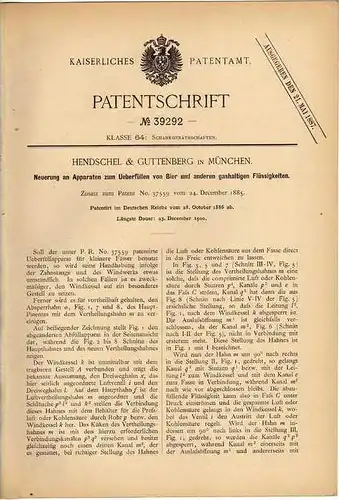Original Patentschrift - Hendschel in München , 1886 , Zapfhahn , Bier Apparat , Oktoberfest !!!
