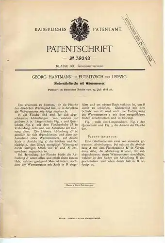 Original Patentschrift - G. Hartmann in Eutritzsch b. Leipzig , 1886 , Kindernährflasche mit Wärmemesser !!!