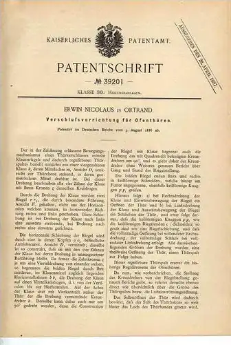 Original Patentschrift -  E. Nicolaus in Ortrand , 1886 , Ofentür , Ofen , Heizungsbau , Heizung !!!