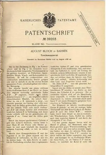 Original Patentschrift -  A. Bloch in Barmen , Trockenapparat , 1886 !!!