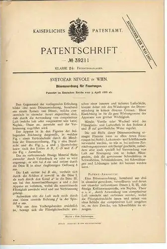 Original Patentschrift - S. Nevole in Wien , 1886 , Heizung , Feuerung  !!!