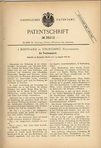 Original Patentschrift - Trockenapparat , 1886 , J. Bertrand in Tourcoing , Frankreich !!!