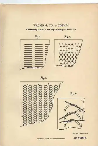 Original Patentschrift - Wagner & Co in Cöthen , 1886 , Papierfabrikation , Knotenplatte , Papierfabrik , Köthen !!!