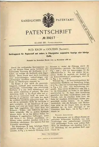 Original Patentschrift - R. Kron in Golzern - Grimma , Sachsen ,1886 , Sortierapparat für Papier !!!