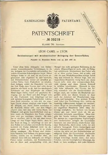 Original Patentschrift - Herstellung von Seide , Spinnerei , 1886 , L. Camel in Lyon , Frankreich !!!