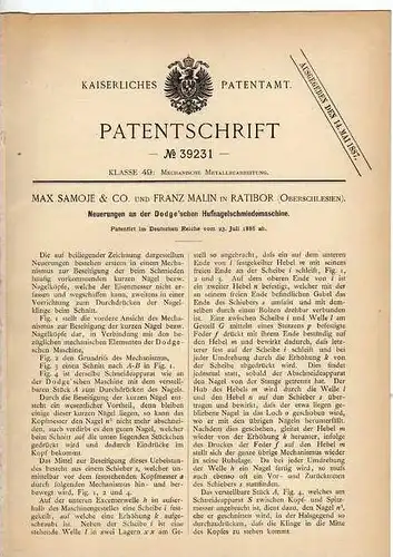 Original Patentschrift - F. Malin in Ratibor / Racibórz , 1886 , Oberschlesien , Hufnagelmaschine , Pferd , Schmied !!!