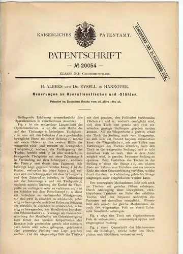Original Patentschrift - Dr. Eysell in Hannover , 1882 , Operationstisch , Arzt , Chirurg , Krankenhaus !!!