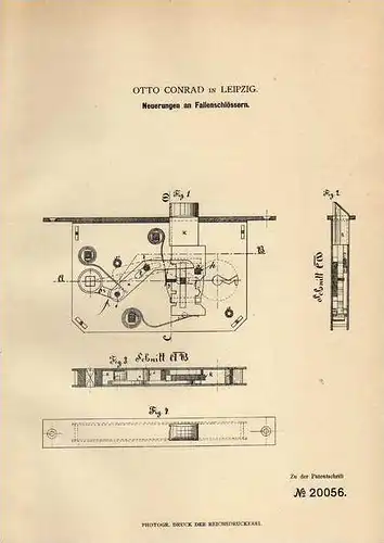 Original Patentschrift -  O. Conrad in Leipzig , 1882 Fallenschloss , Schloß , Schlüsseldienst !!!