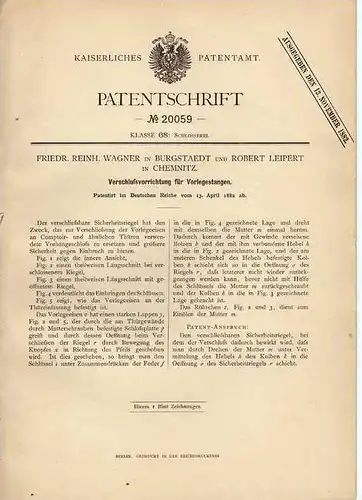 Original Patentschrift - F. Wagner in Burgstaedt und Chemnitz , Türverriegelung , Einbruchschutz !!!