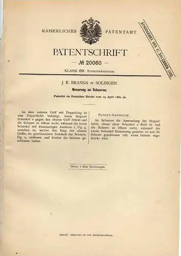 Original Patentschrift - J. Brangs in Solingen , 1882 , Scheere , Messer !!!
