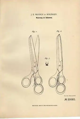 Original Patentschrift - J. Brangs in Solingen , 1882 , Scheere , Messer !!!