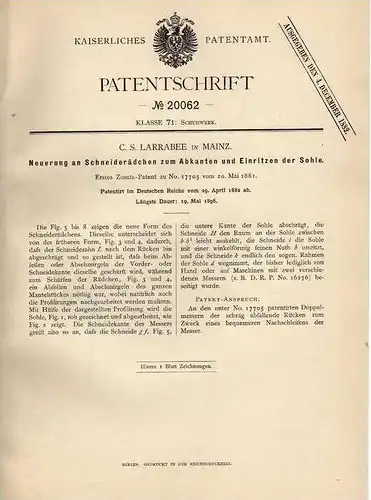 Original Patentschrift - C. Larrabee in Mainz , 1882 , Schuster , Schuhe !!!