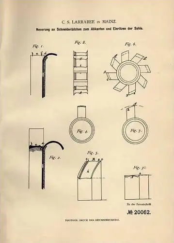 Original Patentschrift - C. Larrabee in Mainz , 1882 , Schuster , Schuhe !!!