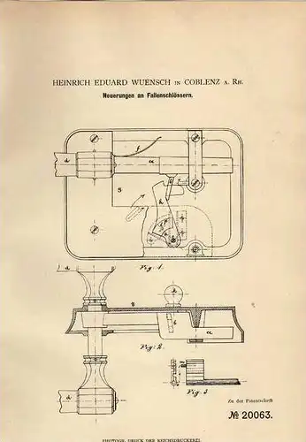 Original Patentschrift - H. Wuensch in Coblenz a. Rh. , 1882 , Fallenschloss , Schlosserei  !!!